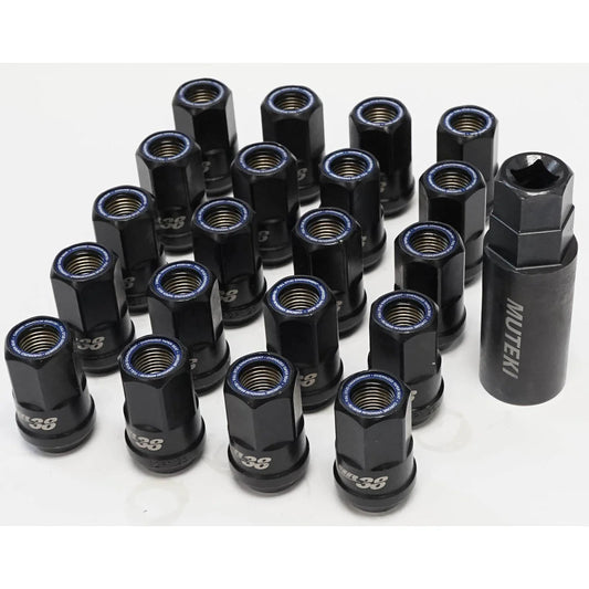 Muteki HR38 Lug Nuts – Black Chrome w/ Blue Ring 12x1.25 (Set of 20)