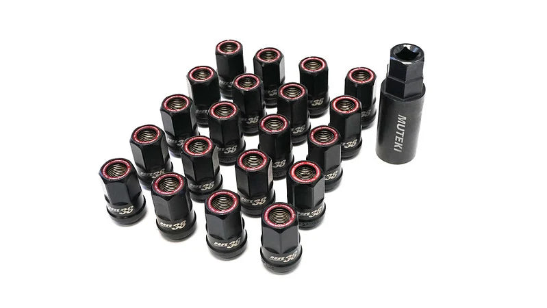 Muteki HR38 Lug Nuts – Black Chrome w/ Red Ring 12x1.50 (Set of 20)