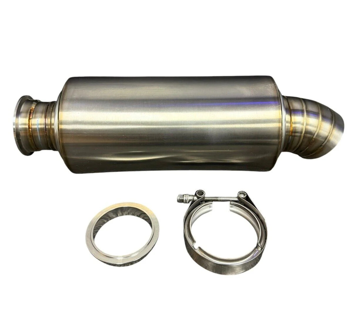 3" Vband Clamp Inlet Turn Down Pie Cut Dolphin Muffler Brushed Stainless Steel