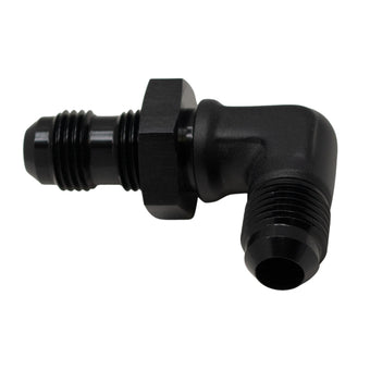 compare product DeatschWerks 6AN Male Flare to 6AN Male Flare Bulkhead Adapter 90-Degree - Anodized Matte Black