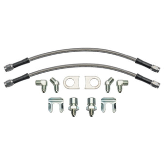 compare product Wilwood 12in Length -3 to 3/8-24 IF 1/8-27 NPT 90 Degree Flexline Kit w/ Weld-On Bracket Tabs