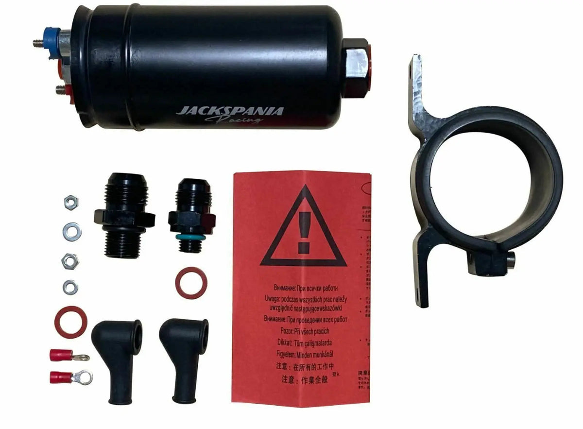 Jackspania Racing 380LPH fuel pump with fittings and mounting bracket